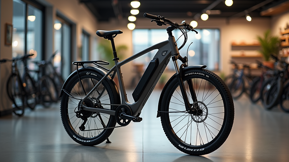 Eye-level view of a sleek electric bike displayed in a modern bike shop