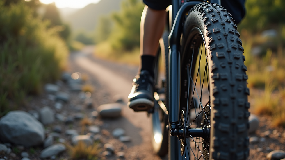 Close-up view of a fat tire bike tire on a rocky trail