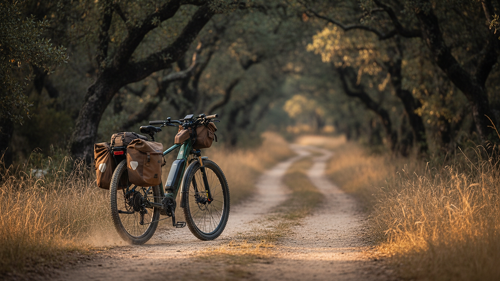 Eye-level view of electric bike with mounted panniers and rear rack
