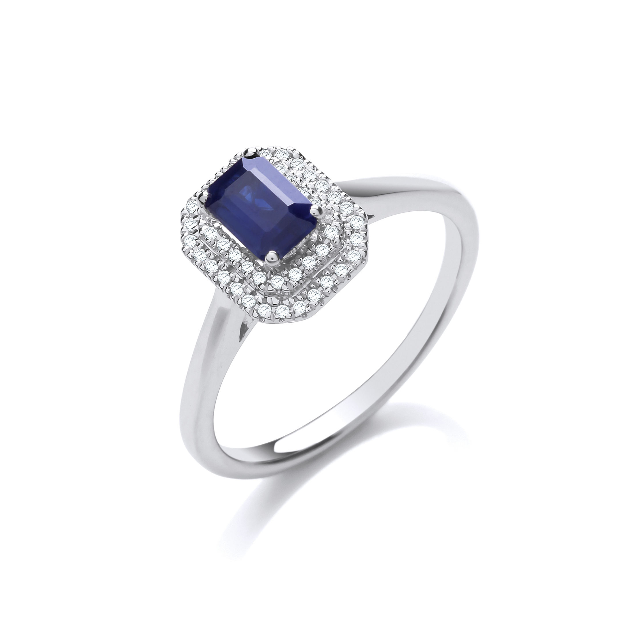 18ct 0.30ct Double Halo Diamond 0.60ct Octagon Cut Sapphire Ring
