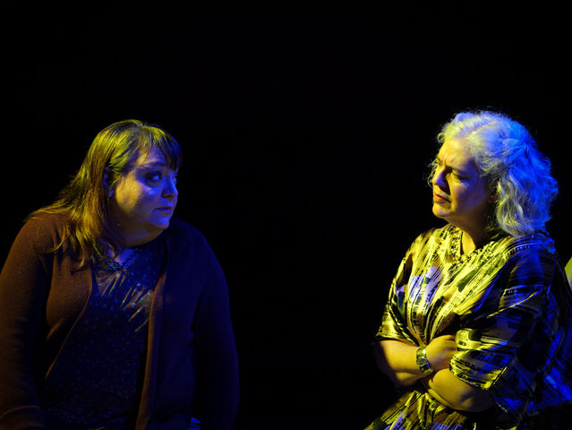 Shannon as Linda (right) in conversation with the character of Hilda (left).