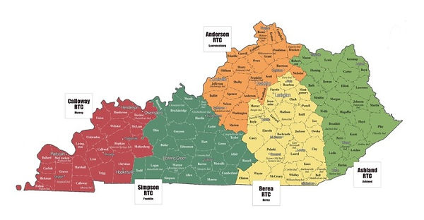 Map showing the Calloway RTC service region in western Kentucky. Districts served are listed below