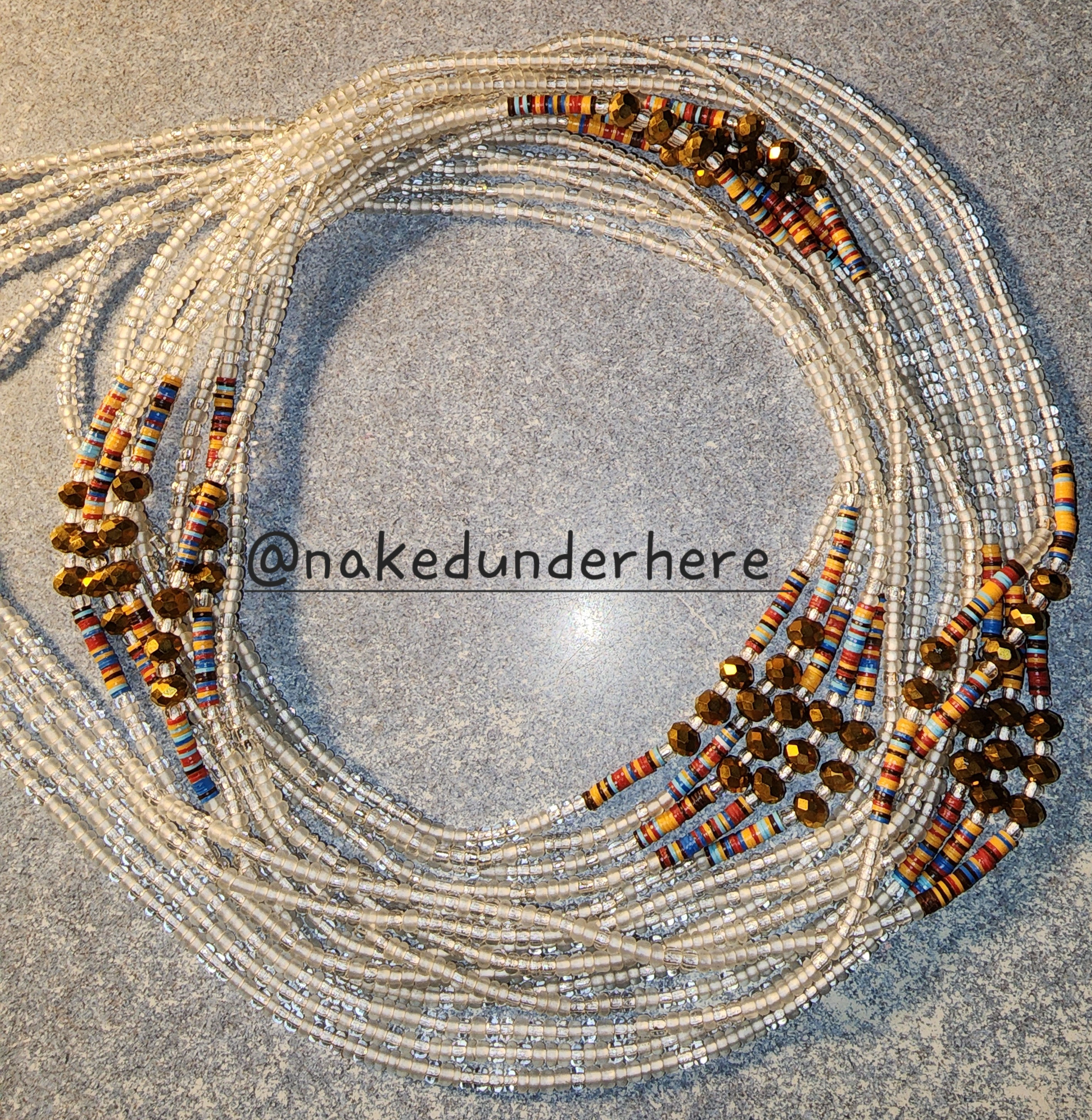 Matte and Clear Waistbeads with Gold Crystals and Multi Colored Vinyl Disc Beads