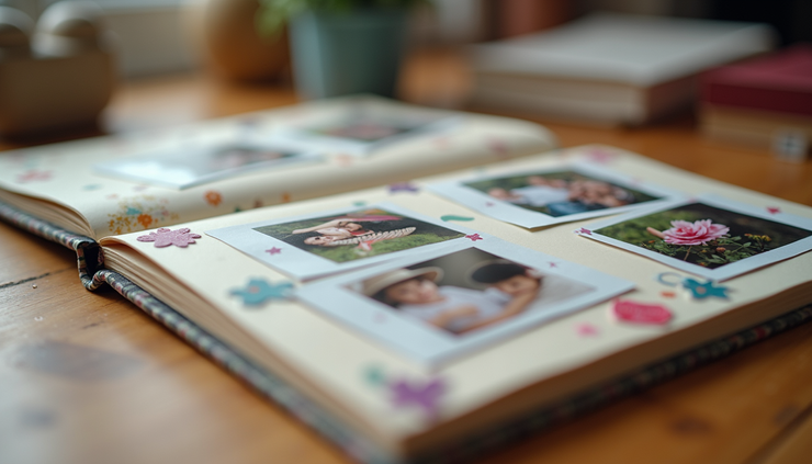 Close-up view of a handmade scrapbook filled with photos and colorful decorations