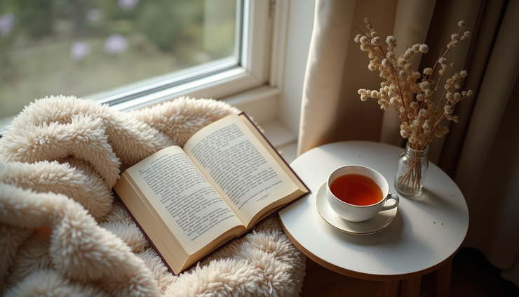 High angle view of a peaceful reading nook with a soft blanket, a book, and a cup of tea