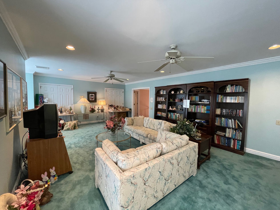a living room with a couch and a ceiling fan