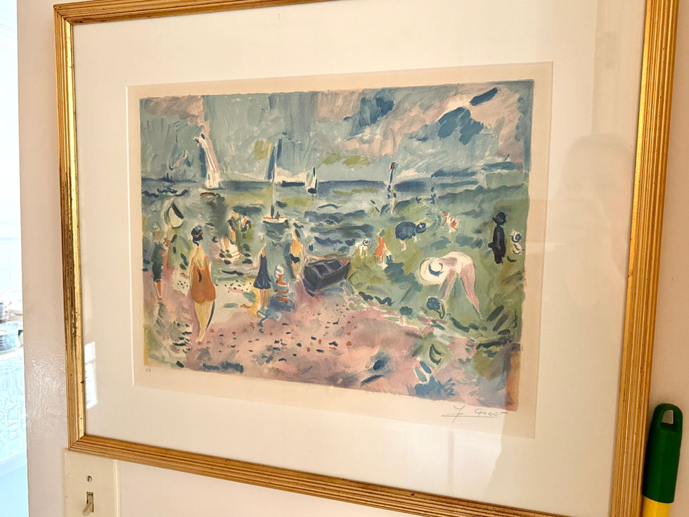 Impressionistic painting of people at the beach.