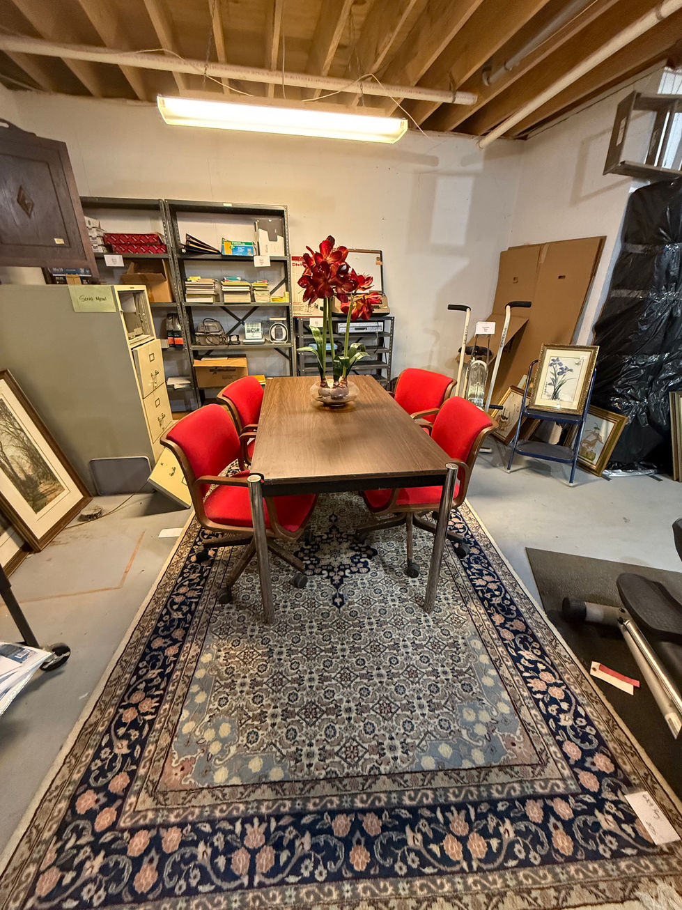 a room with a table and chairs and a sign that says credit repair