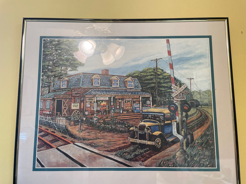 a painting of a railroad crossing with a store in the background