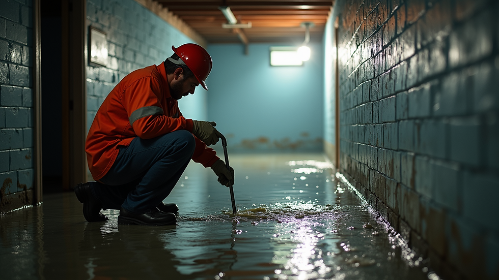 Eye-level view of a professional water damage restoration technician assessing a flooded basement