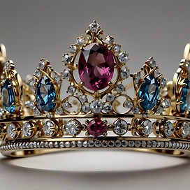 A crown made of gold adorned with diamonds, sapphires, and precious gemstones, gleaming wi