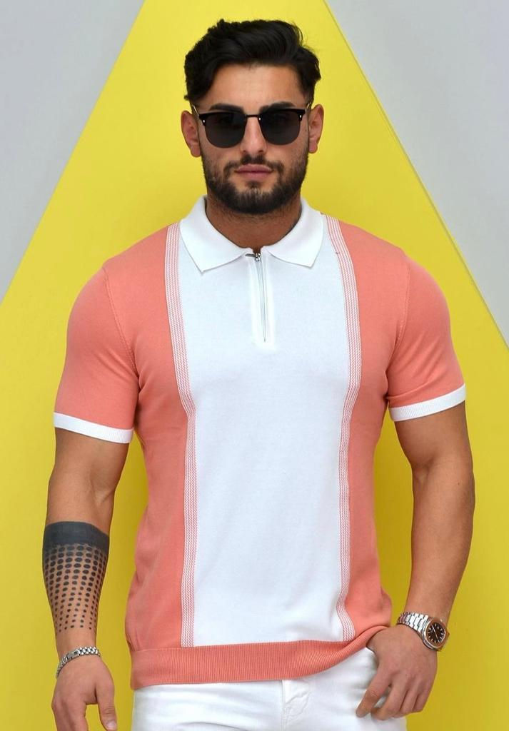 Polo Neck Half Zipper Pink Knitted Fabric T-Shirt