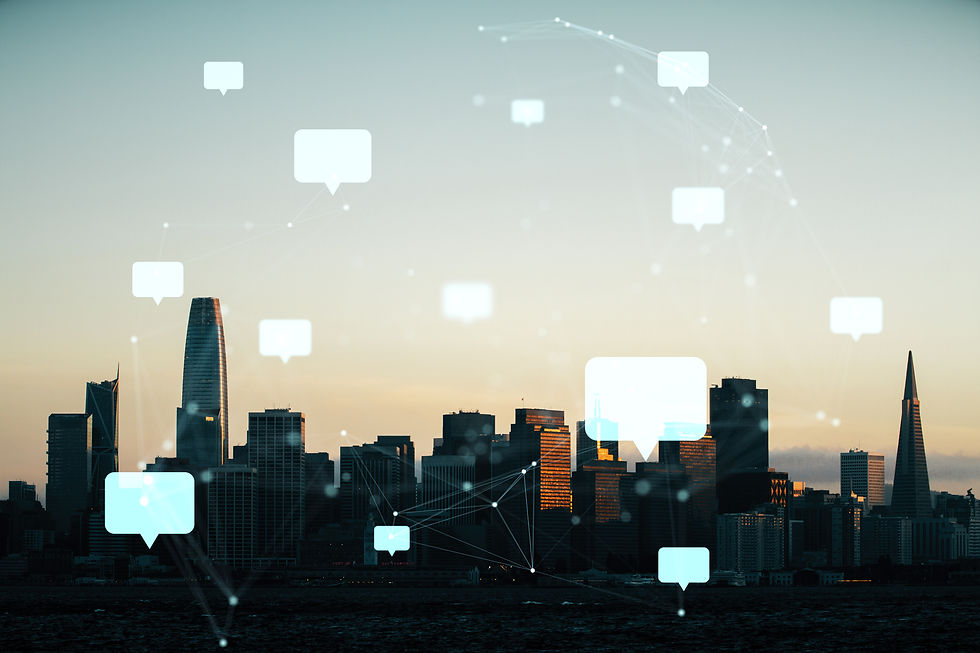 social-communication-with-speech-bubbles-digital-network-overlay-city-skyline-dusk-backgro