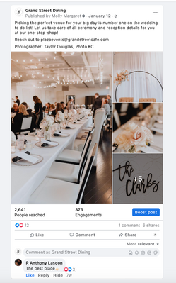 January 2022 post, sharing photos from recent wedding so guests can see the theme and style of the reception. Adding 2023 availability with email for easy access. Reaching 2400 people!