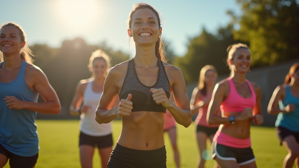 High-angle view of a diverse group participating in an outdoor fitness class