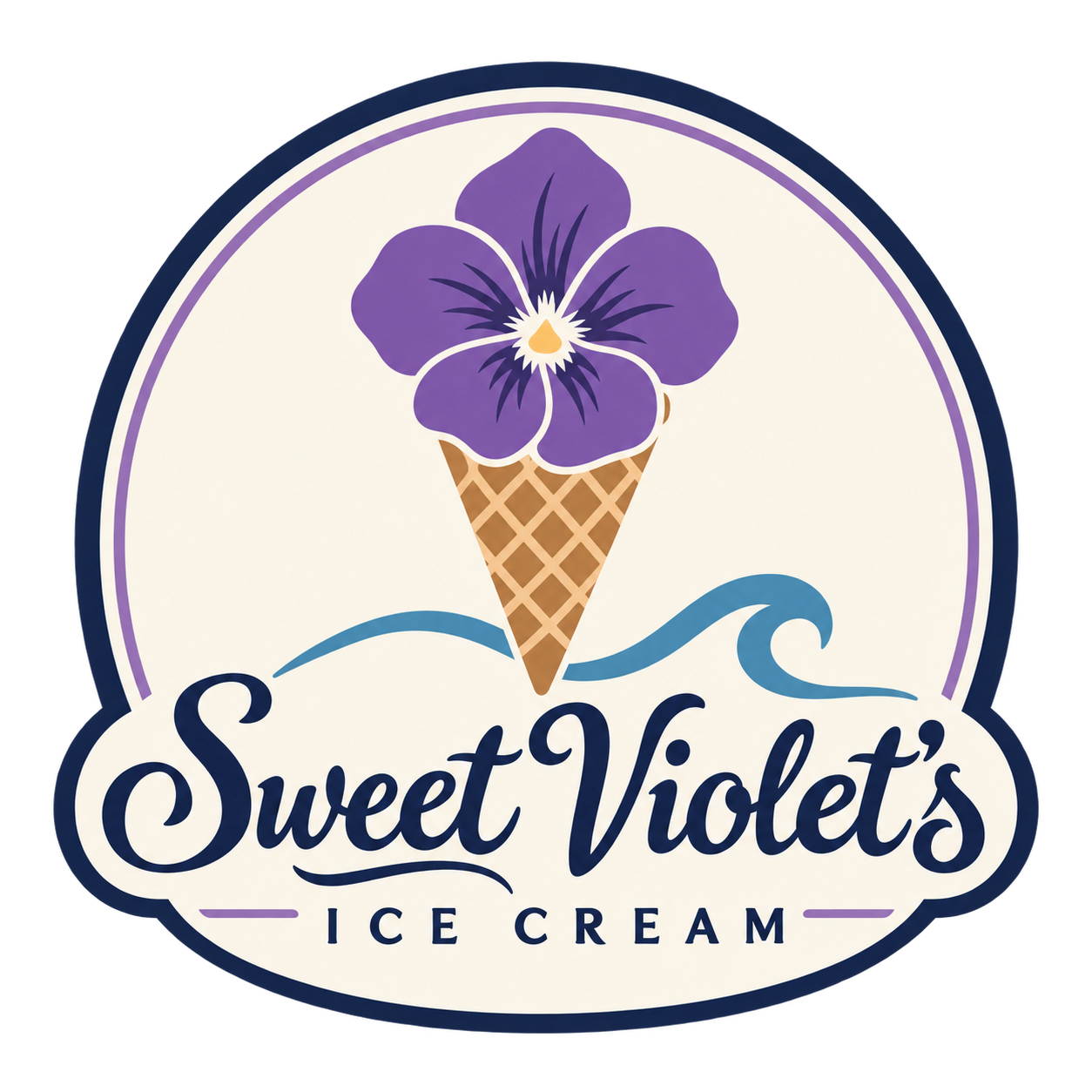 Sweet Violet’s Ice Cream — a violet flower in a waffle cone above an ocean wave