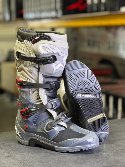 Alpinestars MX27 Tech 7 Enduro Drystar Boots in Gray/Mid Gray/Red, waterproof enduro mx boots with p