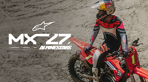 Jett Lawrence sitting on his dirt bike wearing the new Alpinestars MX27 motocross gear and mx boots.