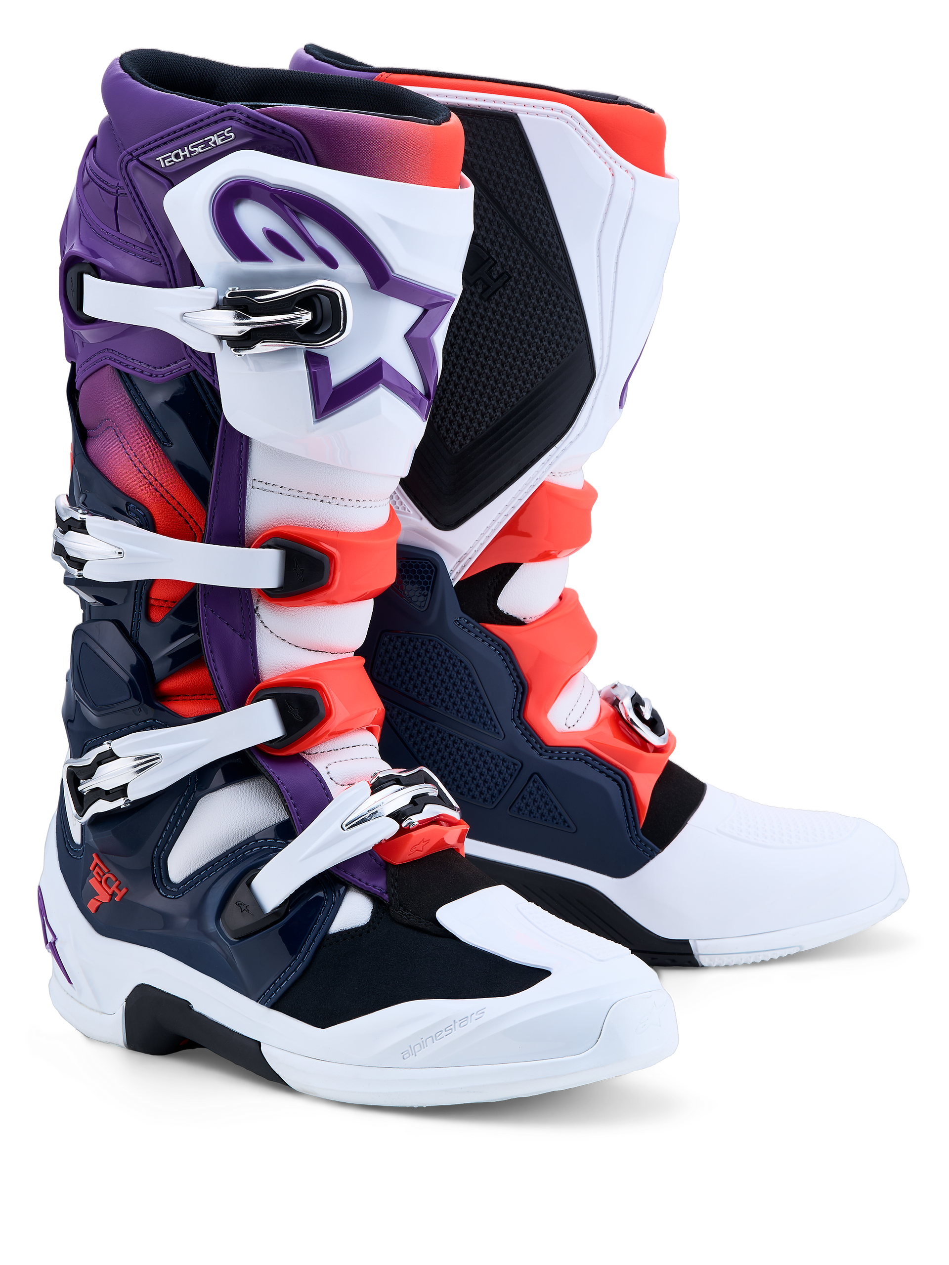 Purple and White Alpinestars MX27 Tech 7 motocross boots with Red Fluo accents