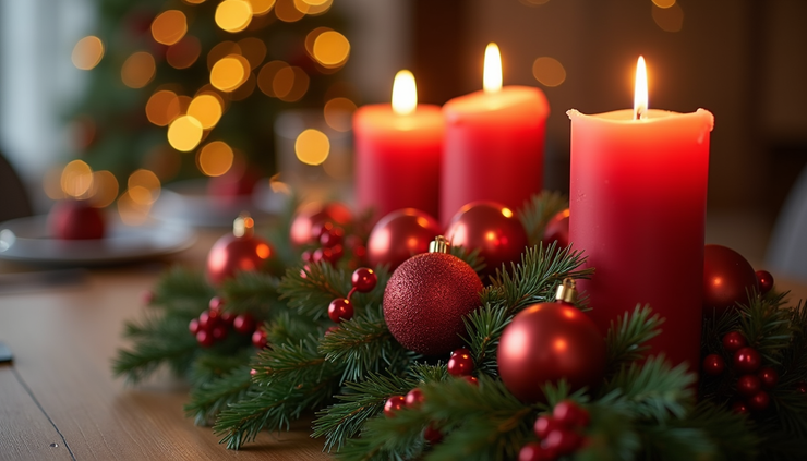 Close-up view of a festive table centerpiece with candles, ornaments, and greenery
