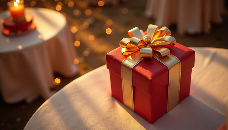 High angle view of a beautifully wrapped gift box with a ribbon on a decorated table