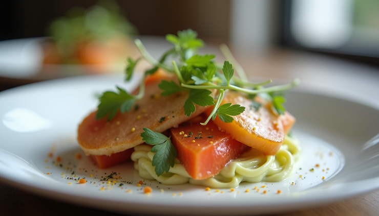 Close-up view of an elegantly plated gourmet dish with vibrant colors