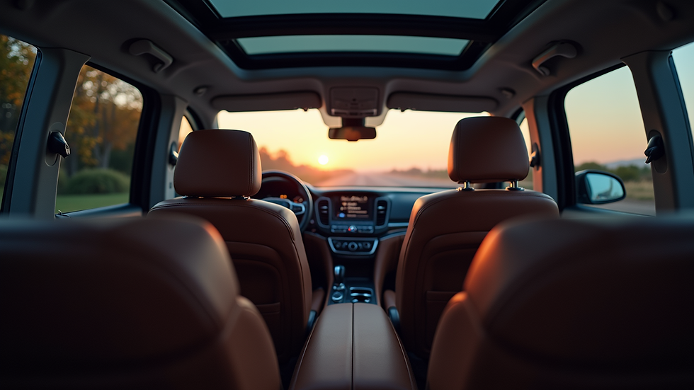 Close-up view of the interior of a luxury SUV showing leather seats and ambient lighting