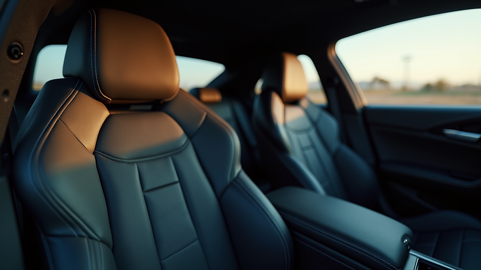 Close-up view of a luxury car interior with leather seats and ambient lighting