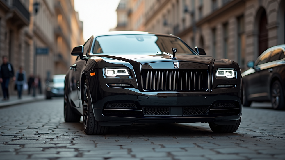Eye-level view of a luxury black sedan parked on a city street