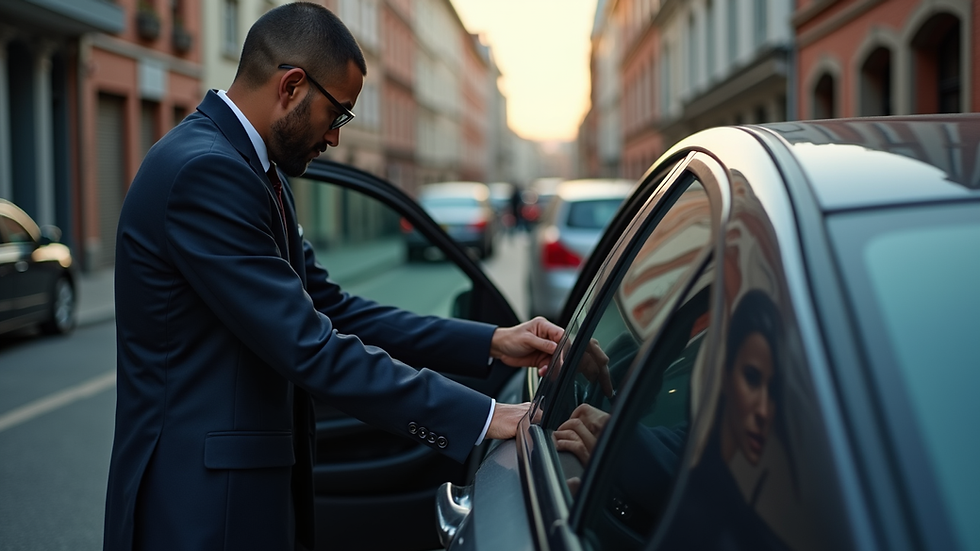 High angle view of a private driver opening a car door for a passenger