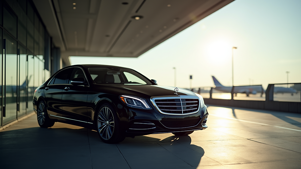 Eye-level view of a luxury black sedan parked outside a modern airport terminal