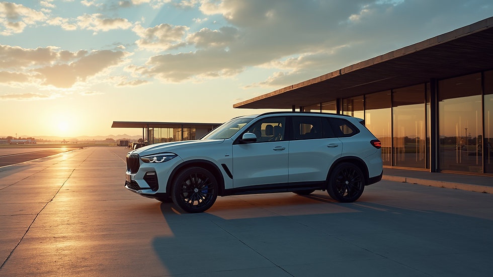 High angle view of a luxury SUV parked outside an airport terminal