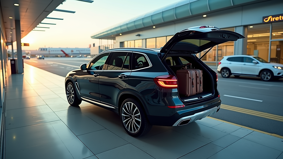 High angle view of a luxury SUV parked at an airport curbside with luggage in the trunk