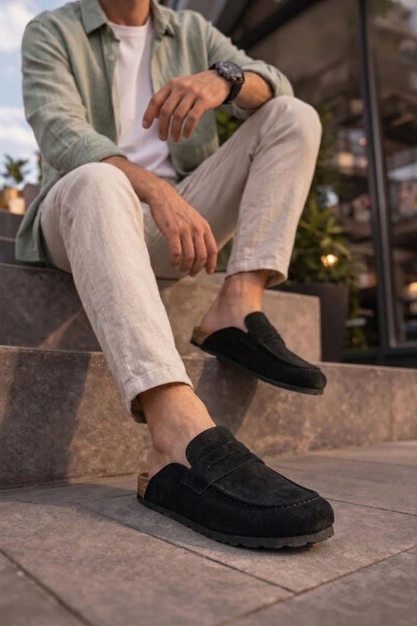 JY0456 Rayn Bağcıksız Hakiki Süet Deri Erkek Günlük Mantar Taban Loafer - Siyah