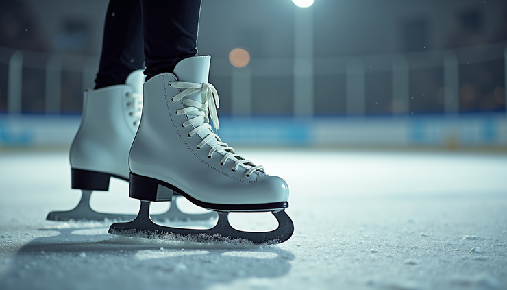 תקריב של נעלי החלקה אמנותית עם להב ארוך ובליטה קדמית