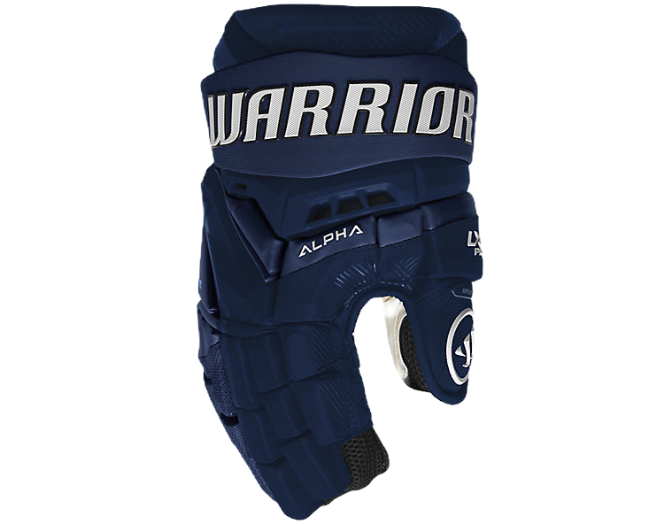 Thumbnail: כפפת הוקי כחולה כהה Warrior Alpha עם לוגו, אידיאלית למשחק קרח.