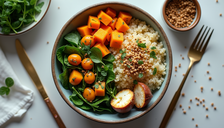 מבט על ארוחת התאוששות צמחונית עם קינואה, טופו ובטטה
