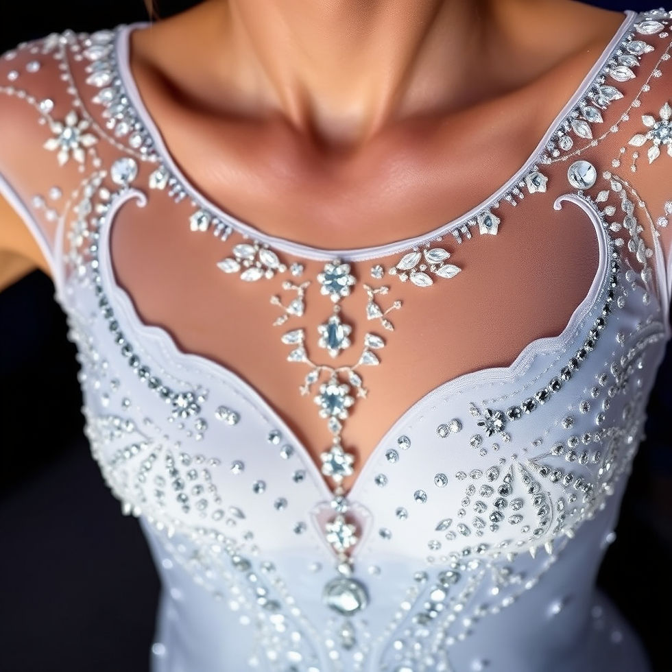 תקריב של אדם בשמלה משובצת תכשיטים, עם דוגמאות פרחוניות מורכבות על צווארון שקוף על רקע כהה.