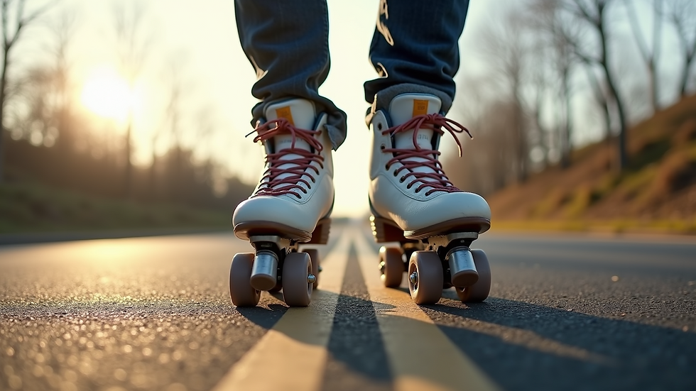 Eye-level view of inline skates with large wheels on pavement