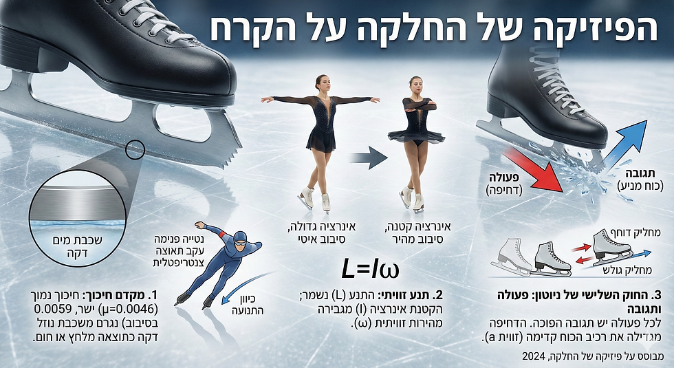 אינפוגרפיקה בעברית המסבירה את הפיזיקה של החלקה על קרח, כולל הסברים על מקדם חיכוך, תנע זוויתי ($L = \omega I$) והחוק השלישי של ניוטון.