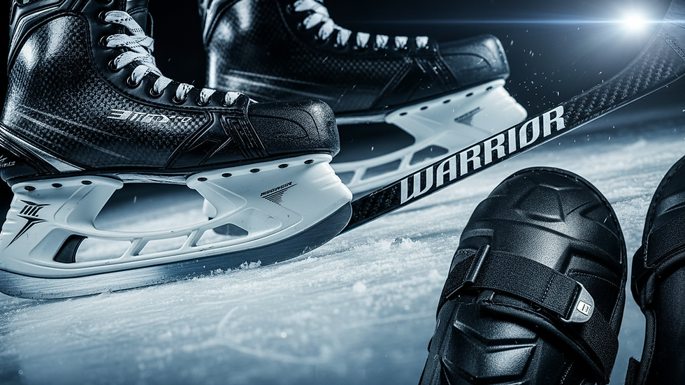 Eye-level view of professional hockey skates on ice rink