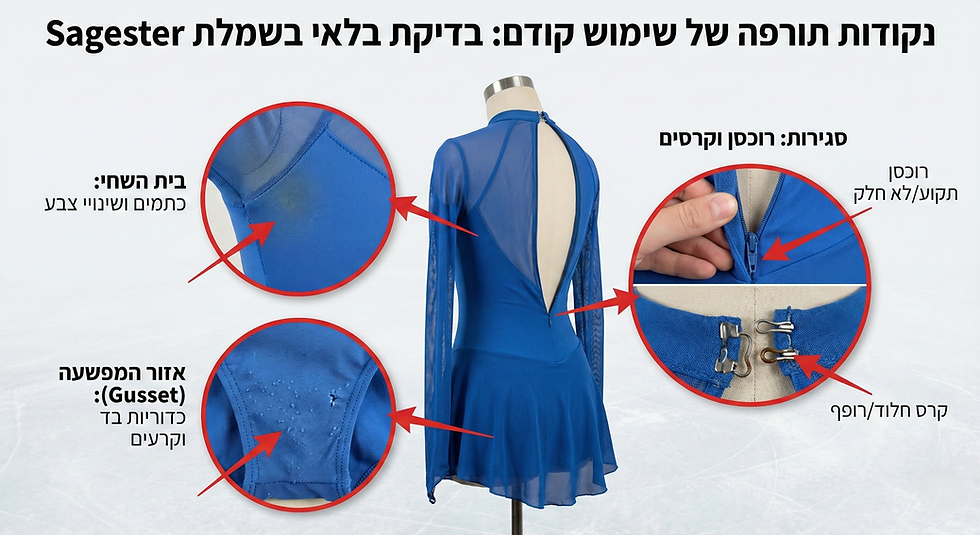 שמלה כחולה על בובת תצוגה עם טקסט המדגיש פגמים כמו כתמים, בלאי של הבד ורוכסן לא אחיד. רקע לבן עם דיאגרמות.