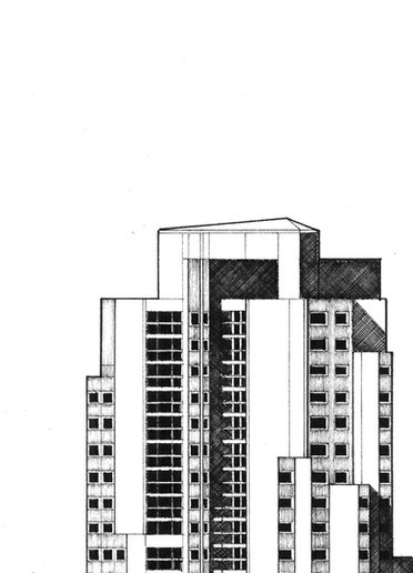 Illustration des tours Prélude et Cantate à Paris, façades dessinées au rotring et à  l'encre de Chine