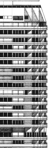 Illustration de la tour Super-Italie à Paris, façade dessinée au rotring et à  l'encre de Chine