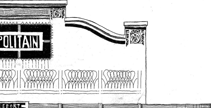 Illustration de l'entrée de métro Pelleport-RATP à Paris, façade dessinée  au rotring et à  l'encre de Chine