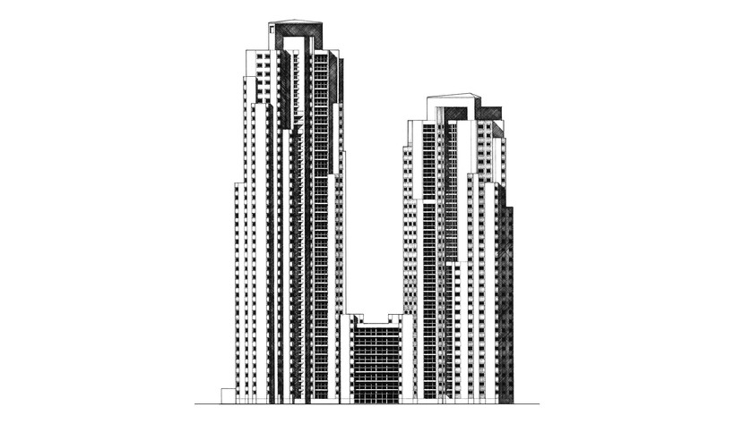 Illustration des tours Prélude et Cantate à Paris, façades dessinées au rotring et à  l'encre de Chine