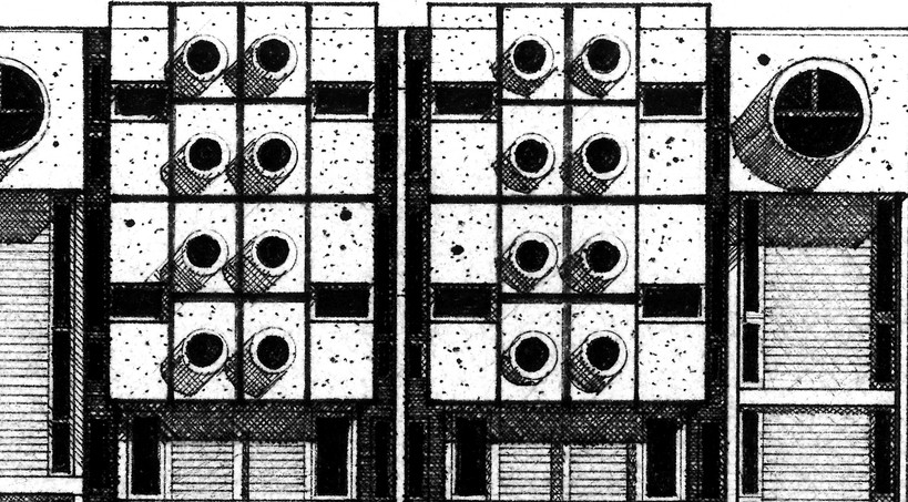 Illustration des ateliers d'artistes, rue des Pyrénées à Paris, façade dessinée au rotring et à  l'encre de Chine