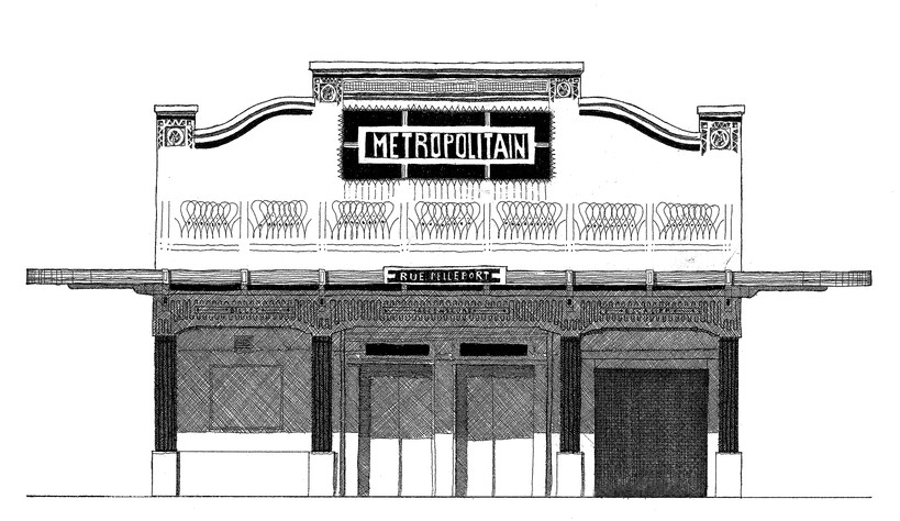 Illustration de l'entrée de métro Pelleport-RATP à Paris, façade dessinée  au rotring et à  l'encre de Chine