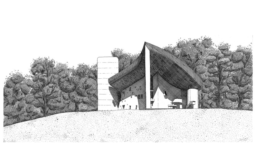 Illustration de la Chapelle Notre-Dame du Haut à Ronchamp par Le Corbusier, façade dessinée au rotring et à  l'encre de Chine