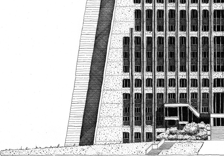 Illustration du palais de Justice de Créteil, façade dessinée au rotring et à  l'encre de Chine